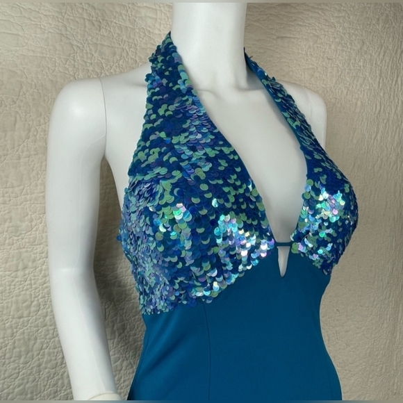 NIKI By Niki Livas Teal Sequin Halter Gown - Picture 6 of 11